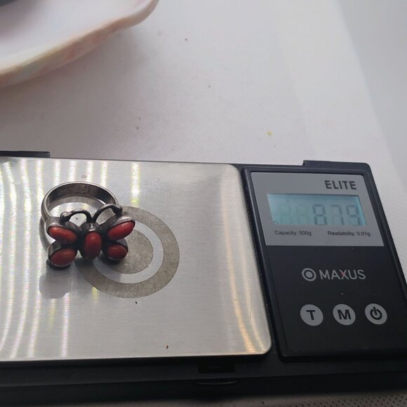 Southwest Style Sterling Silver Orange Spiny Oyster Shell Butterfly Ring Size 8 - Picture 7 of 7